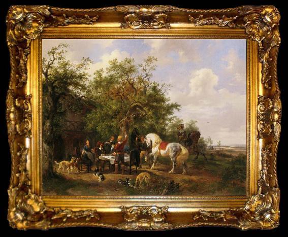 framed  Wouterus Verschuur Compagny with horses and dogs at an inn, ta009-2